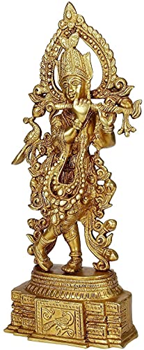 Brass Murti Lord Krishna Idol God of Love Playing Flute for Home Décor Living Room Metal Statue Temple Gift Item Gold Polish Height 13.7 Inch