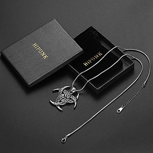 Celtic Knot Necklace Viking Pendant - Celtic Norse Triple Odin Horns Crescent Moon of Oden Horn Necklace Mens 316L Stainless Steel Triskelion Amulet Pewter Tribal Protection Viking Triskele Jewelry