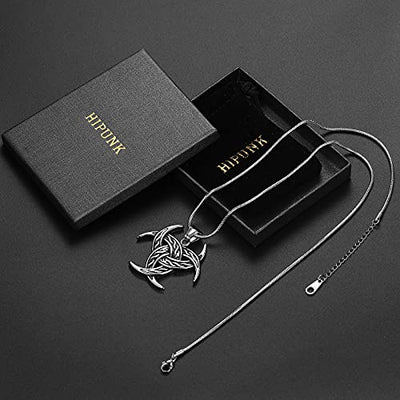 Celtic Knot Necklace Viking Pendant - Celtic Norse Triple Odin Horns Crescent Moon of Oden Horn Necklace Mens 316L Stainless Steel Triskelion Amulet Pewter Tribal Protection Viking Triskele Jewelry