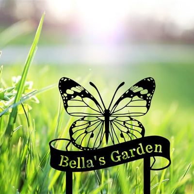 Custom Name Butterfly Sign, Personalized Butterfly Garden Sign with Stakes, Butterfly Garden Stake Metal Yard Art, Outdoor Metal Garden Sign, Customized Butterfly Garden Decor Sign