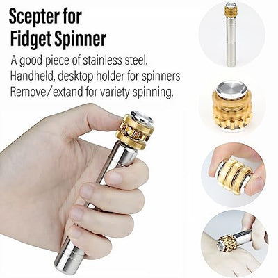 FREELOVE Gear Metal Fidget Spinner Toys for Adults, Small Mini Tiny Pocket Figette Gyro with Handle, Silent Bearing, Brass Copper Bike Chain Handheld Block, Anxiety ADHD Cool(Gears-Scepter, Silver)