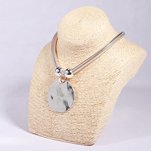Silver Hammered Metal Statement Necklace Set with Lobster Clasp Closure, Disc Coin Necklace Circle Necklace Chunky Necklaces for Women New Unique Trendy Jewelry Valentines Day Gift
