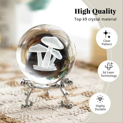 HDCRYSTALGIFTS 3D Etched Mushroom Crystal Ball Paperweight - 60mm Glass Decorative Ball with Silver Metal Stand, Glass Art Full Sphere Craft Home Table Decor, 2.3inch