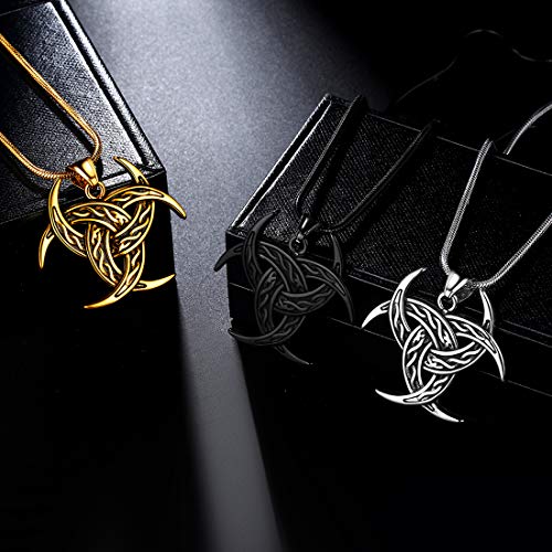 Celtic Knot Necklace Viking Pendant - Celtic Norse Triple Odin Horns Crescent Moon of Oden Horn Necklace Mens 316L Stainless Steel Triskelion Amulet Pewter Tribal Protection Viking Triskele Jewelry