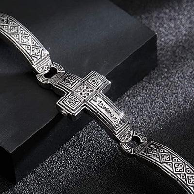 Cross Stainless Steel Bracelets Vintage Metal Bangle Heavy Mens Retro Punk Bracelets Cool Male Jewelry Armband (Silver, 8.66 Inches)