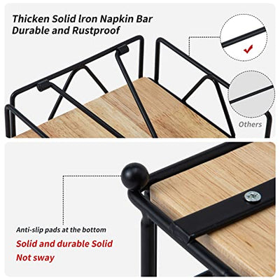 Square Napkin Holder - Durable Table Napkin Holder with Weighted Arm, Metal Napkin Holder with Wooden Base, Farmhouse Napkin Holder for Table, Kitchen and Countertops (Black)