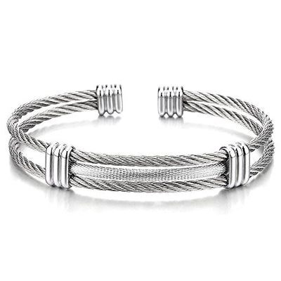COOLSTEELANDBEYOND Men Women Stainless Steel Twisted Cable Adjustable Cuff Bangle Bracelet