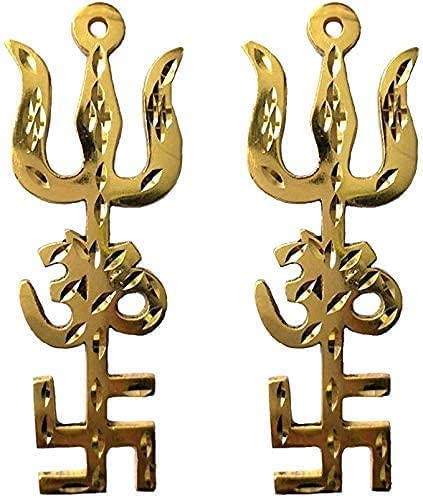 Imagine Mart Brass Ashtdhatu Tri Shakti Trishul Om Swastika Yantra Spiritual Metal Wall Hanging Showpiece O