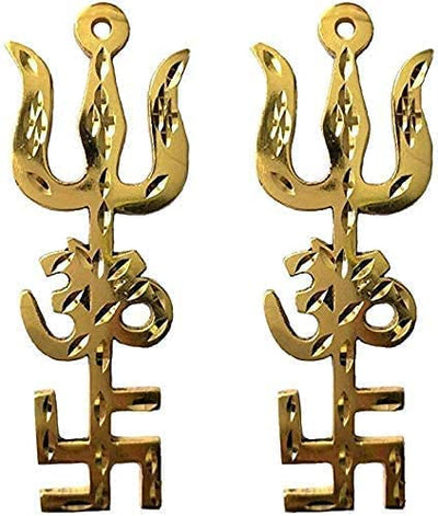 Imagine Mart Brass Ashtdhatu Tri Shakti Trishul Om Swastika Yantra Spiritual Metal Wall Hanging Showpiece O