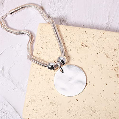 Silver Hammered Metal Statement Necklace Set with Lobster Clasp Closure, Disc Coin Necklace Circle Necklace Chunky Necklaces for Women New Unique Trendy Jewelry Valentines Day Gift