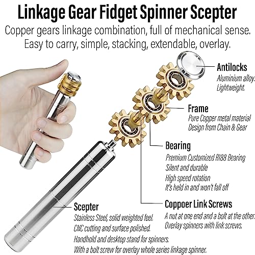 FREELOVE Gear Metal Fidget Spinner Toys for Adults, Small Mini Tiny Pocket Figette Gyro with Handle, Silent Bearing, Brass Copper Bike Chain Handheld Block, Anxiety ADHD Cool(Gears-Scepter, Silver)
