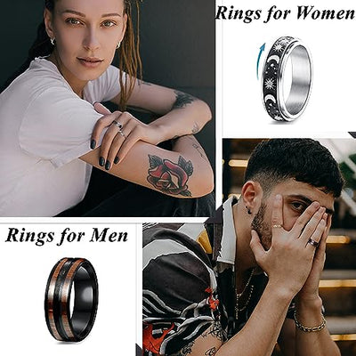 Fansilver 16PCS Stainless Steel Fidget Rings for Men Women Silver Gold Black Mens Rings Cool Male Band Rings Chain Spinner Rings Fashion Anxiety Rings Pack Size 7-13