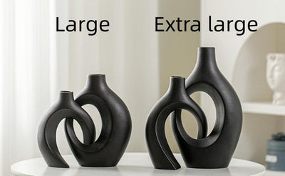 XL Black Ceramic Vase Set of 2 for Modern Home Decor, Neutral Boho Round Donut Pampas Grass Vases, Nordic Aesthetic Vase, for Living Room Coffee Table Fire Place Book Style Shelf (H 11.1")