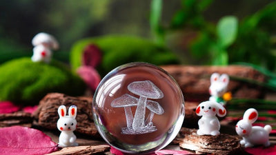 HDCRYSTALGIFTS 3D Etched Mushroom Crystal Ball Paperweight - 60mm Glass Decorative Ball with Silver Metal Stand, Glass Art Full Sphere Craft Home Table Decor, 2.3inch