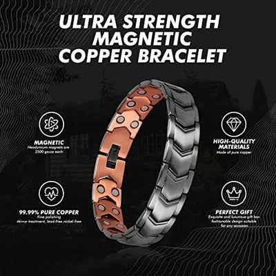 Copper Bracelets for Men - 99.99% Solid Pure Copper Magnetic Bracelets Double-Row Strong Magnets Adjustable (Silver Copper)
