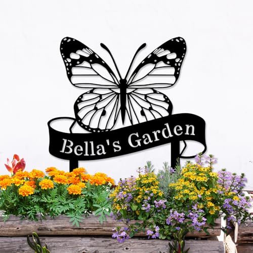 Custom Name Butterfly Sign, Personalized Butterfly Garden Sign with Stakes, Butterfly Garden Stake Metal Yard Art, Outdoor Metal Garden Sign, Customized Butterfly Garden Decor Sign