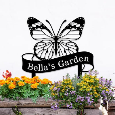Custom Name Butterfly Sign, Personalized Butterfly Garden Sign with Stakes, Butterfly Garden Stake Metal Yard Art, Outdoor Metal Garden Sign, Customized Butterfly Garden Decor Sign