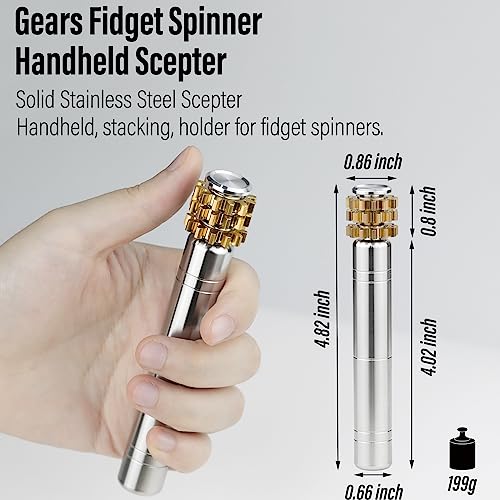 FREELOVE Gear Metal Fidget Spinner Toys for Adults, Small Mini Tiny Pocket Figette Gyro with Handle, Silent Bearing, Brass Copper Bike Chain Handheld Block, Anxiety ADHD Cool(Gears-Scepter, Silver)