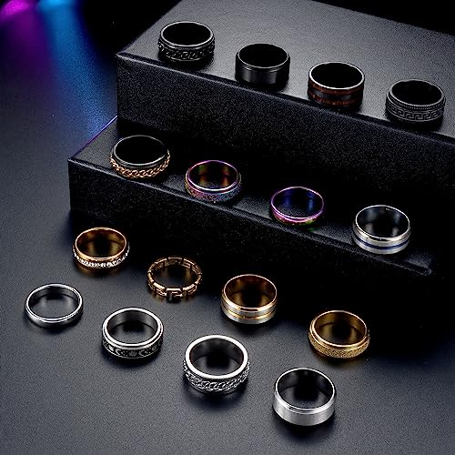 Fansilver 16PCS Stainless Steel Fidget Rings for Men Women Silver Gold Black Mens Rings Cool Male Band Rings Chain Spinner Rings Fashion Anxiety Rings Pack Size 7-13
