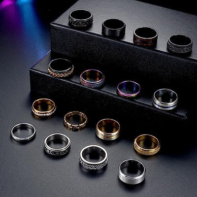 Fansilver 16PCS Stainless Steel Fidget Rings for Men Women Silver Gold Black Mens Rings Cool Male Band Rings Chain Spinner Rings Fashion Anxiety Rings Pack Size 7-13