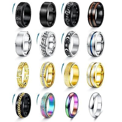 Fansilver 16PCS Stainless Steel Fidget Rings for Men Women Silver Gold Black Mens Rings Cool Male Band Rings Chain Spinner Rings Fashion Anxiety Rings Pack Size 7-13