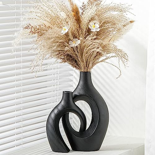 XL Black Ceramic Vase Set of 2 for Modern Home Decor, Neutral Boho Round Donut Pampas Grass Vases, Nordic Aesthetic Vase, for Living Room Coffee Table Fire Place Book Style Shelf (H 11.1")