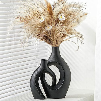 XL Black Ceramic Vase Set of 2 for Modern Home Decor, Neutral Boho Round Donut Pampas Grass Vases, Nordic Aesthetic Vase, for Living Room Coffee Table Fire Place Book Style Shelf (H 11.1")
