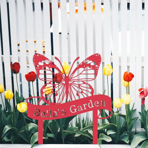 Custom Name Butterfly Sign, Personalized Butterfly Garden Sign with Stakes, Butterfly Garden Stake Metal Yard Art, Outdoor Metal Garden Sign, Customized Butterfly Garden Decor Sign