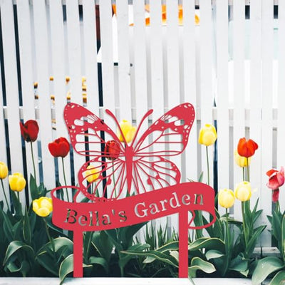 Custom Name Butterfly Sign, Personalized Butterfly Garden Sign with Stakes, Butterfly Garden Stake Metal Yard Art, Outdoor Metal Garden Sign, Customized Butterfly Garden Decor Sign