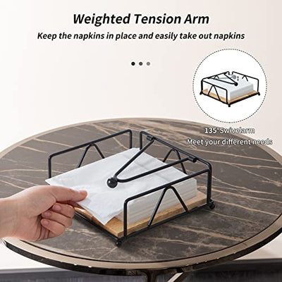 Square Napkin Holder - Durable Table Napkin Holder with Weighted Arm, Metal Napkin Holder with Wooden Base, Farmhouse Napkin Holder for Table, Kitchen and Countertops (Black)
