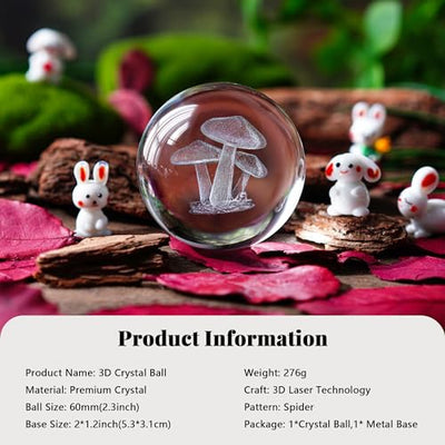 HDCRYSTALGIFTS 3D Etched Mushroom Crystal Ball Paperweight - 60mm Glass Decorative Ball with Silver Metal Stand, Glass Art Full Sphere Craft Home Table Decor, 2.3inch