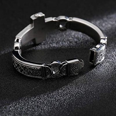 Cross Stainless Steel Bracelets Vintage Metal Bangle Heavy Mens Retro Punk Bracelets Cool Male Jewelry Armband (Silver, 8.66 Inches)