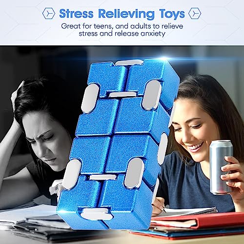 Fidget Cube, Zinc Aolly Metal Infinity Cube Fidget Desk Toy, Punk Style Design with Exquisite Case, Durable and Heavy Cool Gadgets, Adult Fidget Toys for Alleviate Stress and Anxiety(Blue)