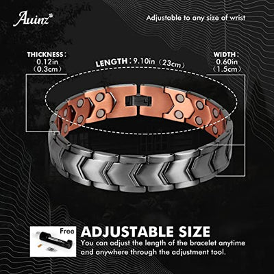 Copper Bracelets for Men - 99.99% Solid Pure Copper Magnetic Bracelets Double-Row Strong Magnets Adjustable (Silver Copper)