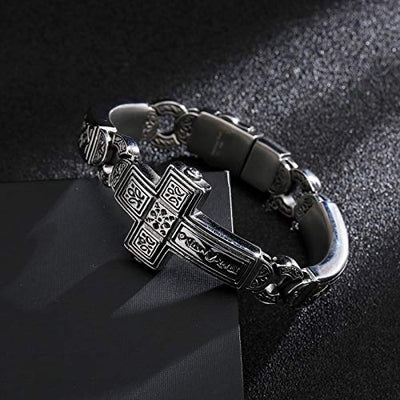 Cross Stainless Steel Bracelets Vintage Metal Bangle Heavy Mens Retro Punk Bracelets Cool Male Jewelry Armband (Silver, 8.66 Inches)