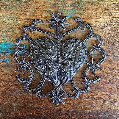 Haitian Art-Inspired Veve Design, Freda Veve Heart, 4" Haiti, Ornament, Handmade, Unique Metal Ornaments