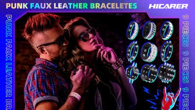 Hicarer 9 Pieces Spiked Studded Bracelet Black Leather Rivet Punk Bracelet Cuff Wrap Bangle Snap Button Metal Wristband for Men Women